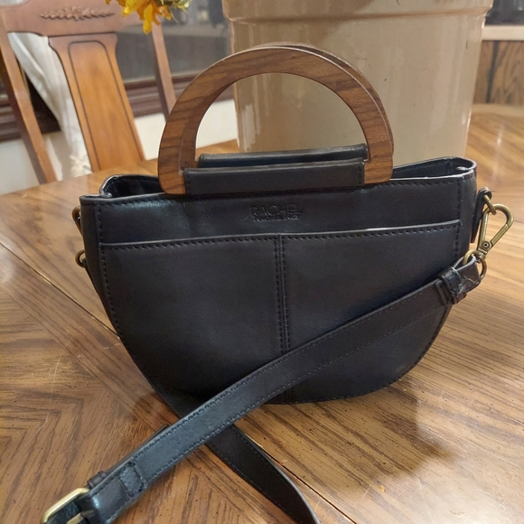 Rachel Roy Women Crossbody Bag Purse Black Leather Magnetic Snap Wood Handle - Picture 7 of 12